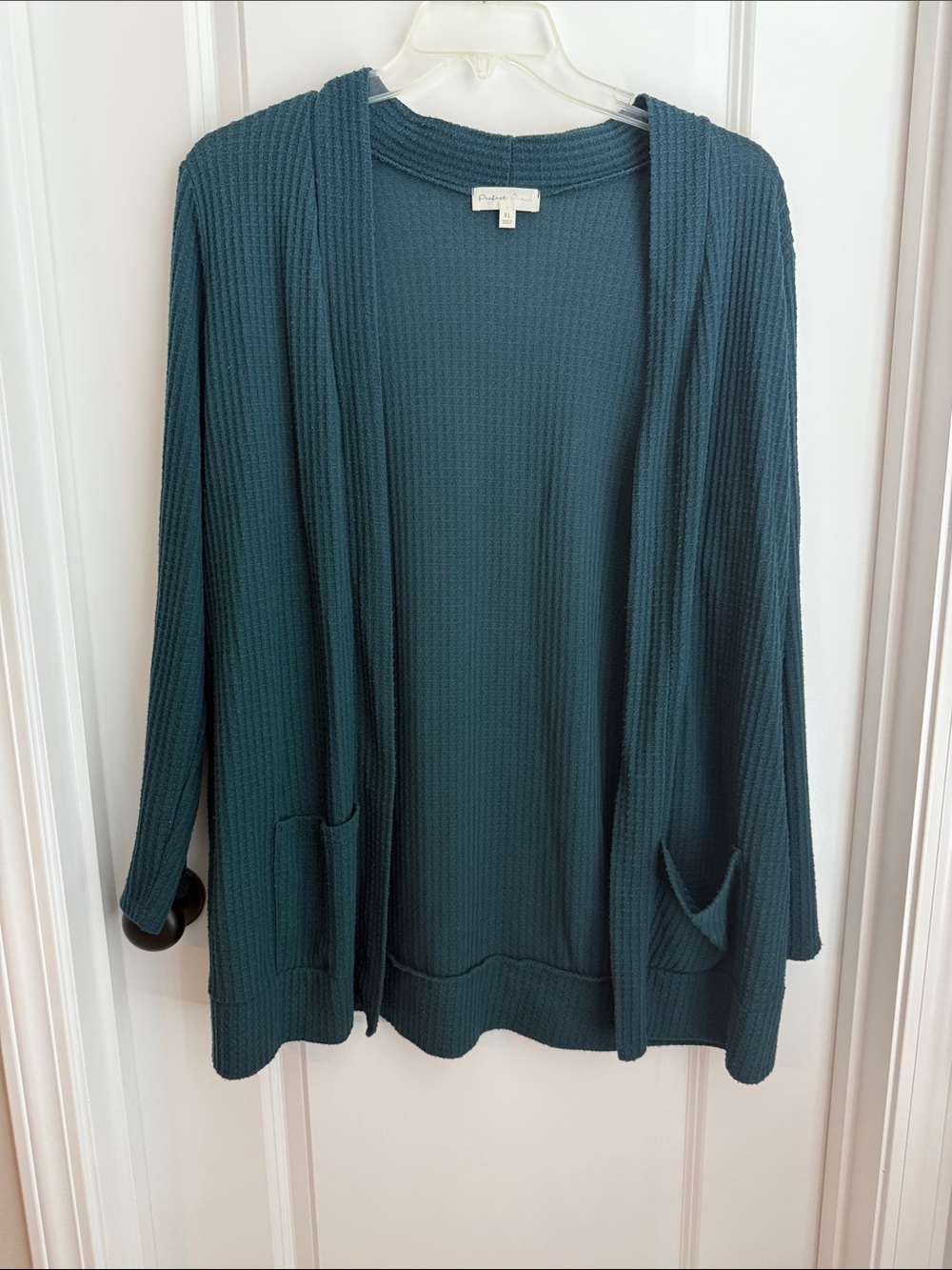 Open-Front Waffle Knit Cardigan Sweater - Teal